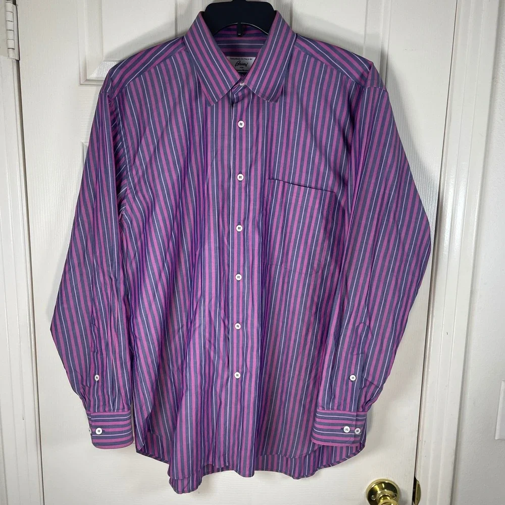 Brioni Neiman Marcus Mens Purple Striped Button Dress Shirt Italy 17.5-32 XL EUC - Picture 2 of 7